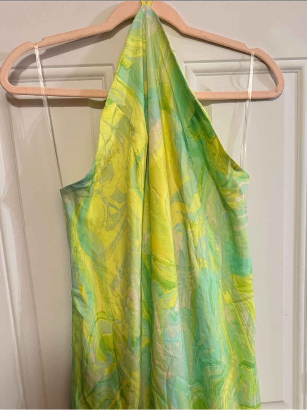 American Eagle Outfitters One-Shoulder Green and Yellow Marble Dress